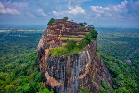 Aerial view of Sigiriya Lion's Rock, a rock fortress located in the northern Matale District, Dambulla, Sri Lanka.